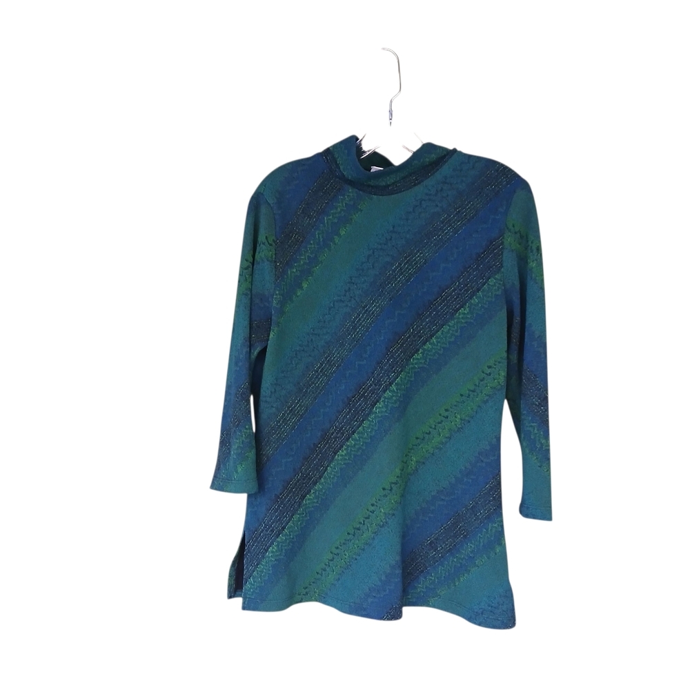 Coldwater Creek Green & Blue Striped Moc Neck Polyester Spandex Tunic Medium
